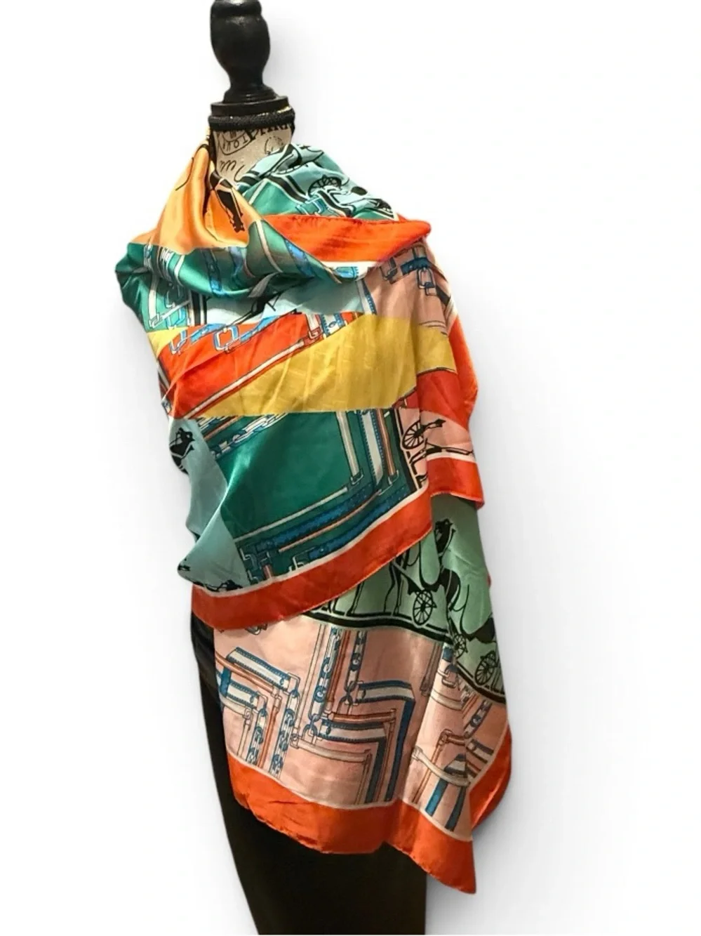 Luxury 100% silk long scarf, wrap Multicolor Patterned horse-carriage new
